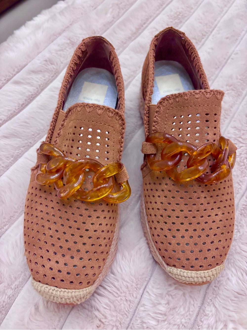 Dolce Vita Cognac Perforated Suede Wedge Espadrilles with Amber Chain Detail